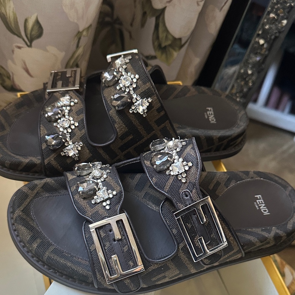 Fendi Black Slides with Crystal Accents